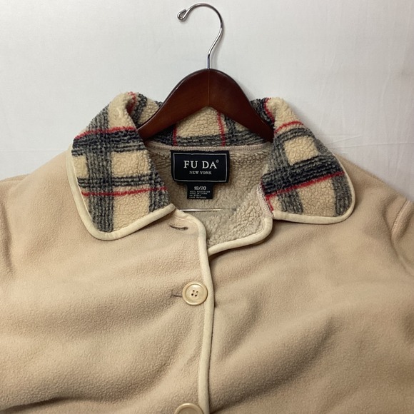 FU DA New York Women's Beige Fleece Plaid Collar Jacket Coat Size 18 20 - Picture 6 of 14